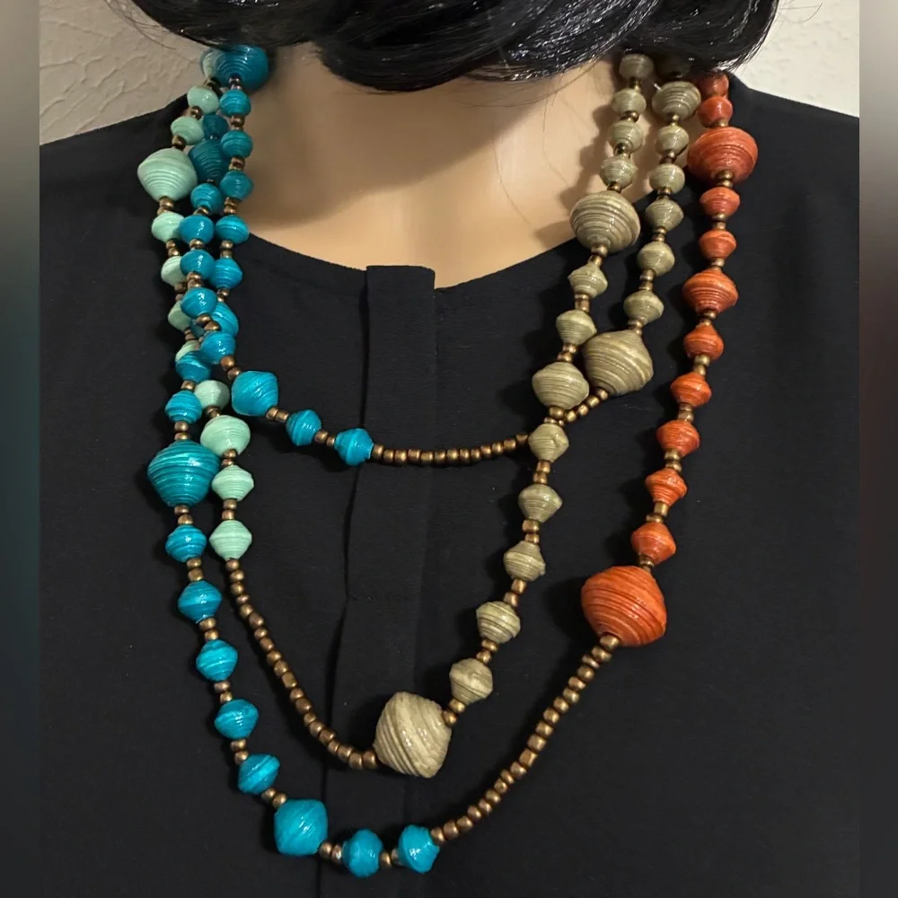BoHo multi-wear paper bead Satoir 72” necklace can be doubled or tripled